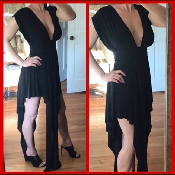 BEAUTIFUL V-NECK ASYMMETRICAL SIDE TRAIN DRESS S - Picture 2 of 5